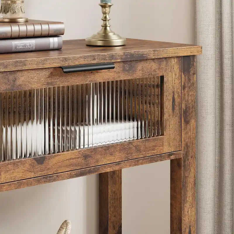 Farmhouse Console Table with 2 Glass Drawers & Shelf
