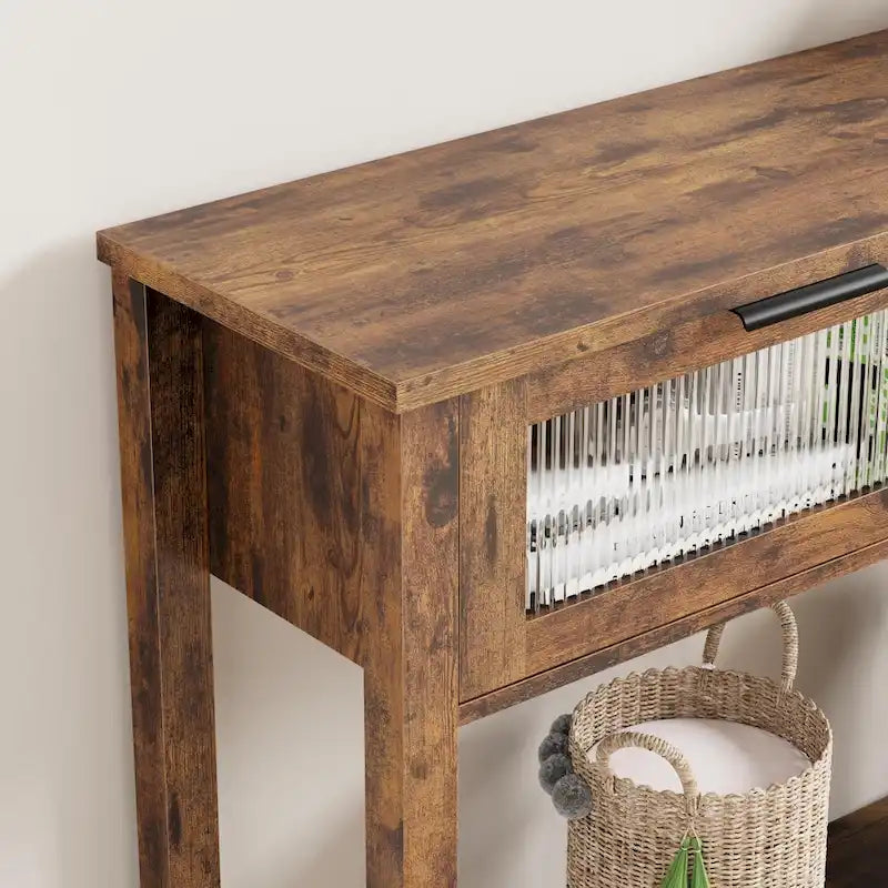 Farmhouse Console Table with 2 Glass Drawers & Shelf
