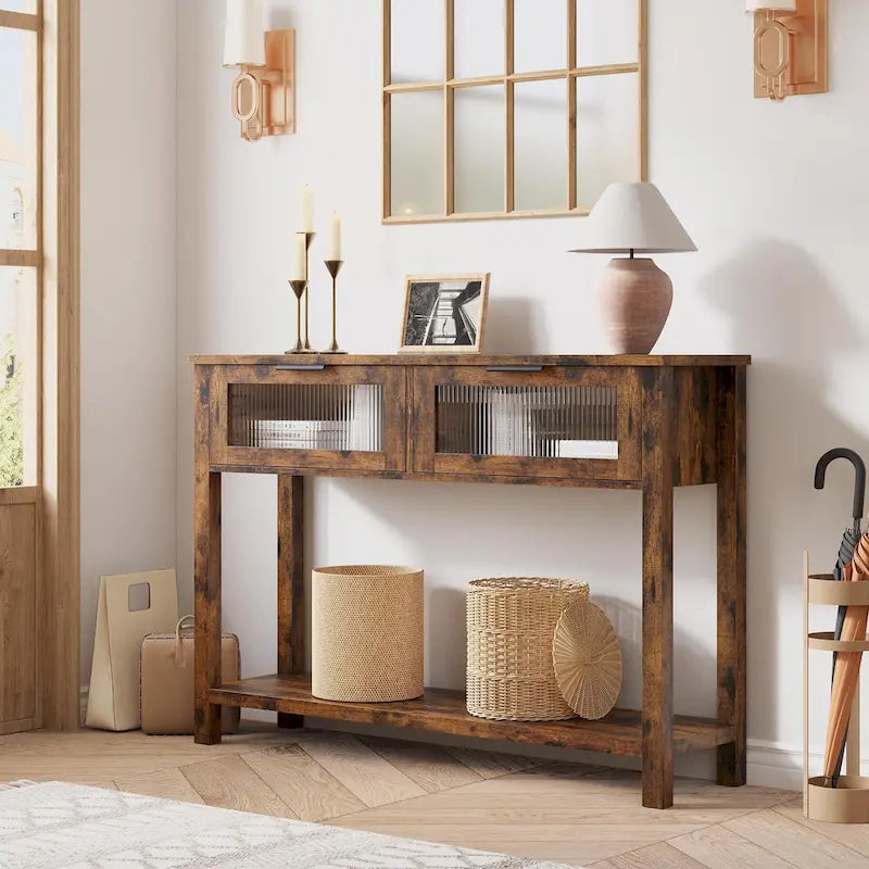 Farmhouse Console Table with 2 Glass Drawers & Shelf