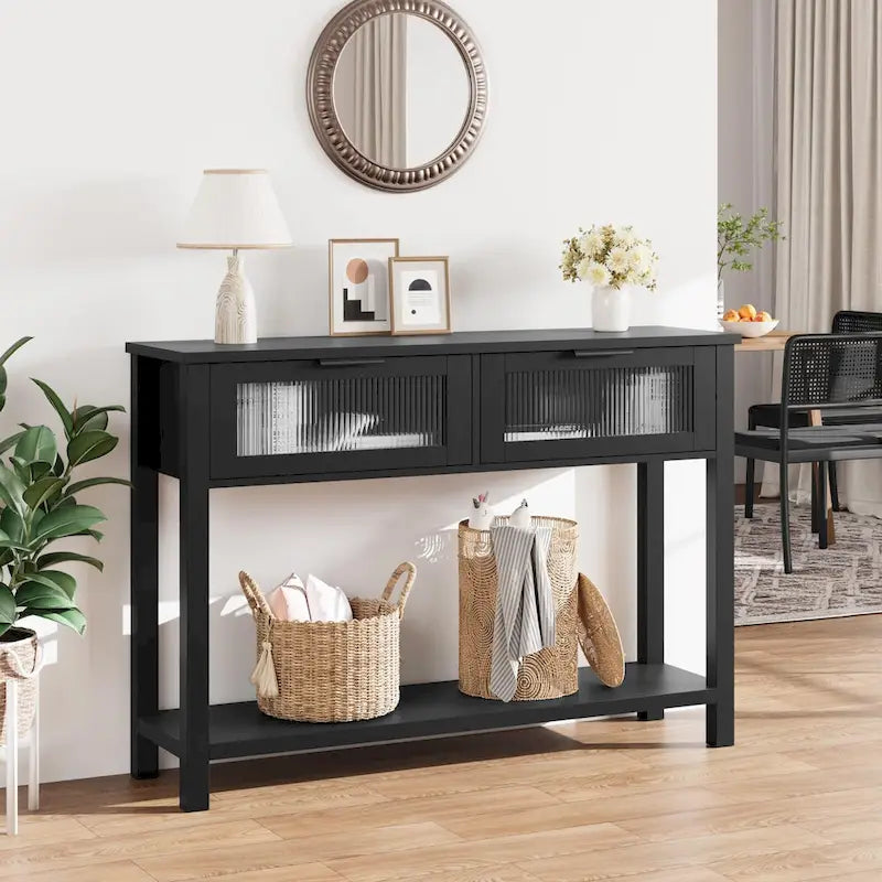 Farmhouse Console Table with 2 Glass Drawers & Shelf