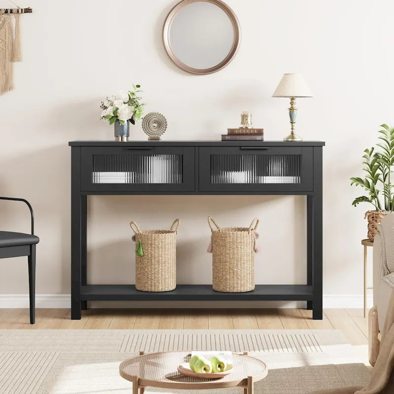 Farmhouse Console Table with 2 Glass Drawers & Shelf