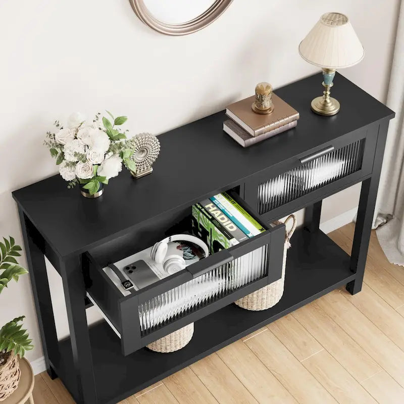 Farmhouse Console Table with 2 Glass Drawers & Shelf