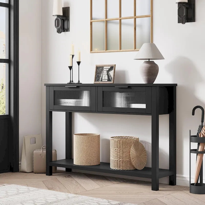 Farmhouse Console Table with 2 Glass Drawers & Shelf
