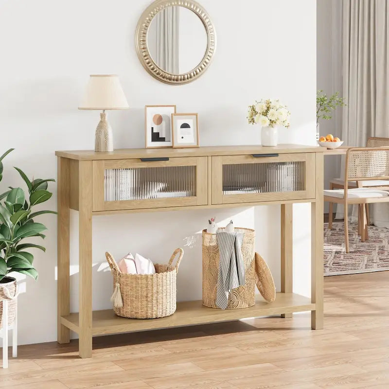 Farmhouse Console Table with 2 Glass Drawers & Shelf