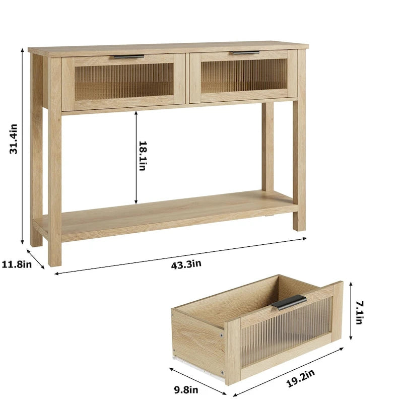 Farmhouse Console Table with 2 Glass Drawers & Shelf