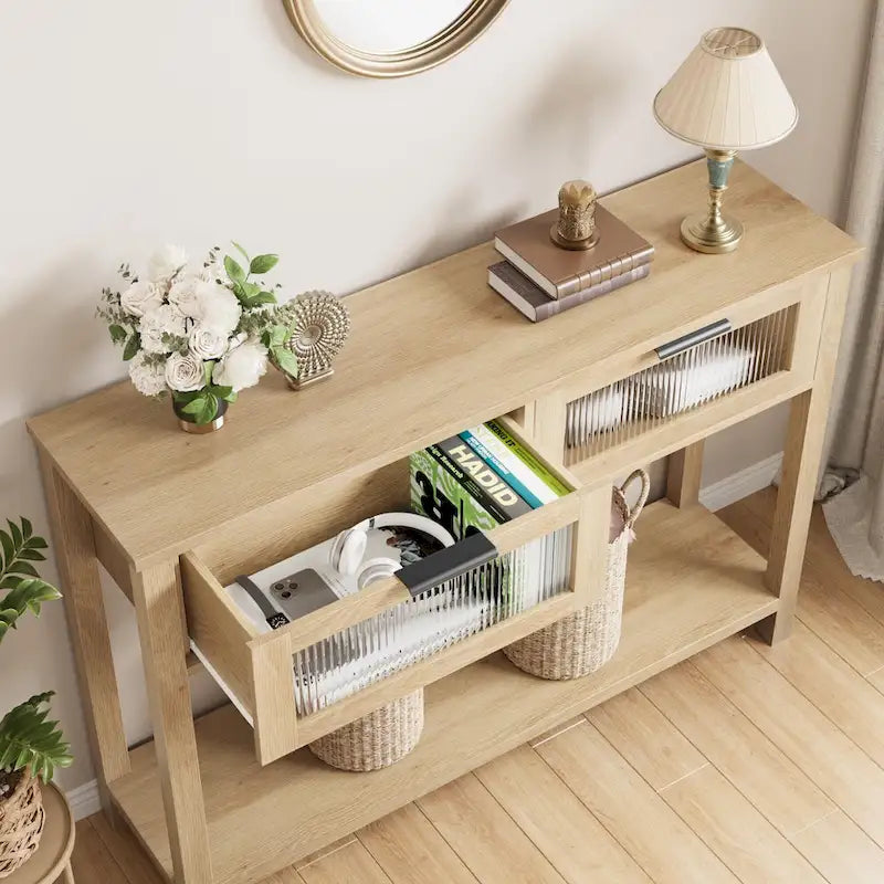 Farmhouse Console Table with 2 Glass Drawers & Shelf