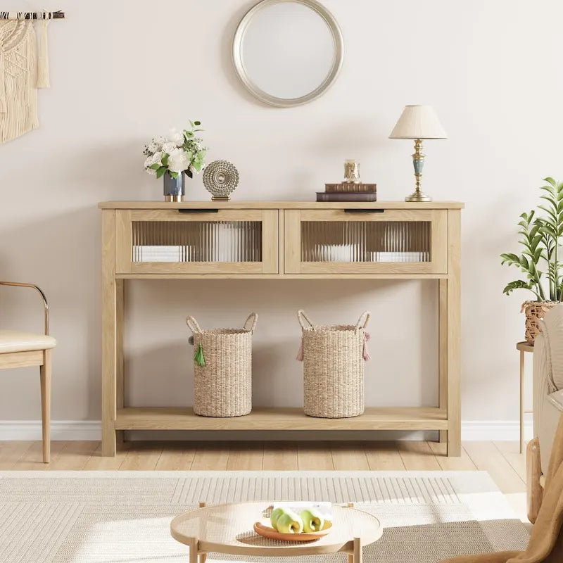 Farmhouse Console Table with 2 Glass Drawers & Shelf