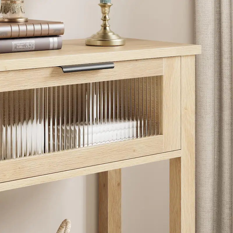 Farmhouse Console Table with 2 Glass Drawers & Shelf