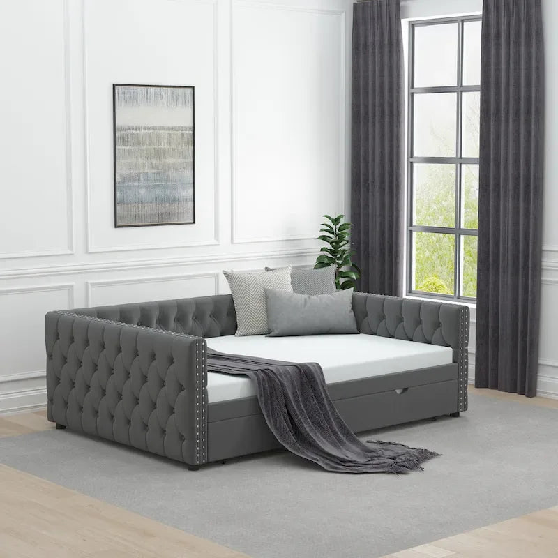 Grey Full Size Velvet Upholstered Daybed with Button and Copper Nails