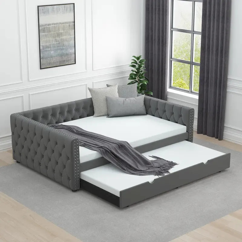 Grey Full Size Velvet Upholstered Daybed with Button and Copper Nails