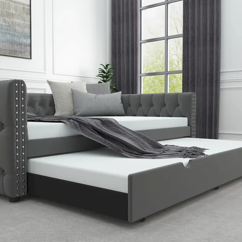 Grey Full Size Velvet Upholstered Daybed with Button and Copper Nails