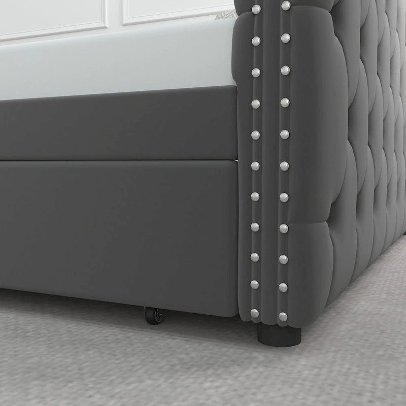 Grey Full Size Velvet Upholstered Daybed with Button and Copper Nails