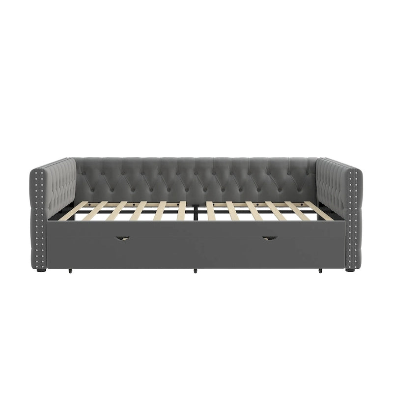 Grey Full Size Velvet Upholstered Daybed with Button and Copper Nails