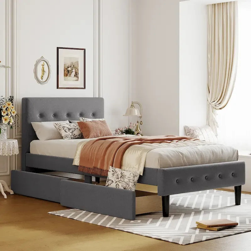 Twin Size Tufted Linen Upholstered Platform Bed with 2 Drawers