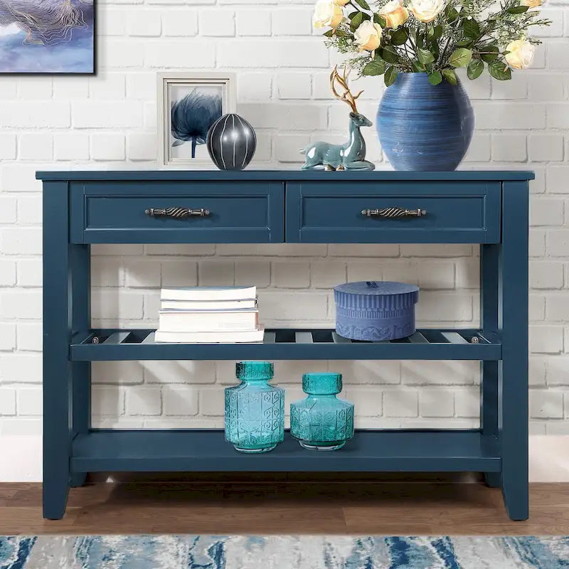 Mid-Century Style Console Sofa Table Solid Wood Buffet Sideboard with 2 Storage Drawers and 2 Tiers Shelves