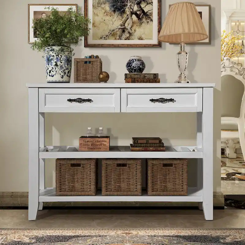 Mid-Century Style Console Sofa Table Solid Wood Buffet Sideboard with 2 Storage Drawers and 2 Tiers Shelves