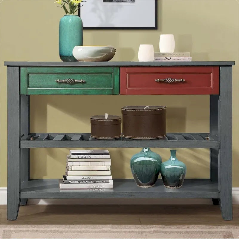 Mid-Century Style Console Sofa Table Solid Wood Buffet Sideboard with 2 Storage Drawers and 2 Tiers Shelves