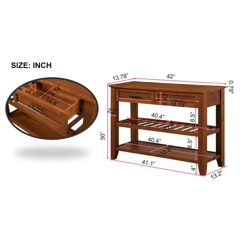 Mid-Century Style Console Sofa Table Solid Wood Buffet Sideboard with 2 Storage Drawers and 2 Tiers Shelves