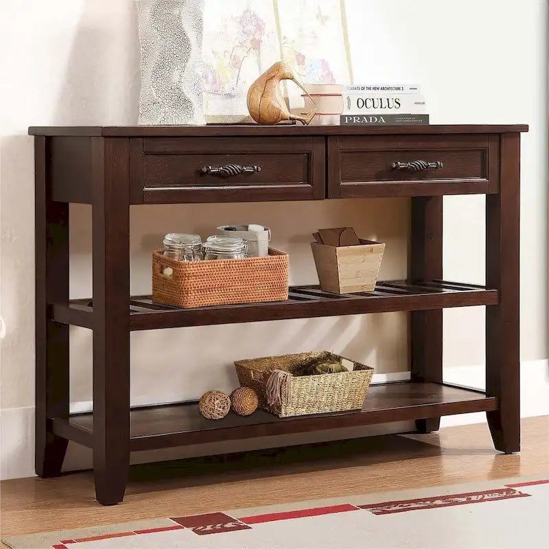 Mid-Century Style Console Sofa Table Solid Wood Buffet Sideboard with 2 Storage Drawers and 2 Tiers Shelves
