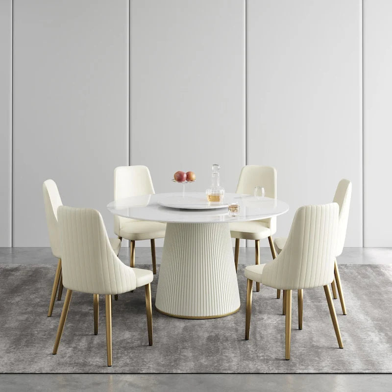 53 Round Dining Table for 6, Modern White Sintered Stone Tabletop with Lazy Susan - N/A