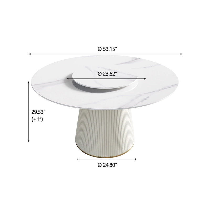 53 Round Dining Table for 6, Modern White Sintered Stone Tabletop with Lazy Susan - N/A