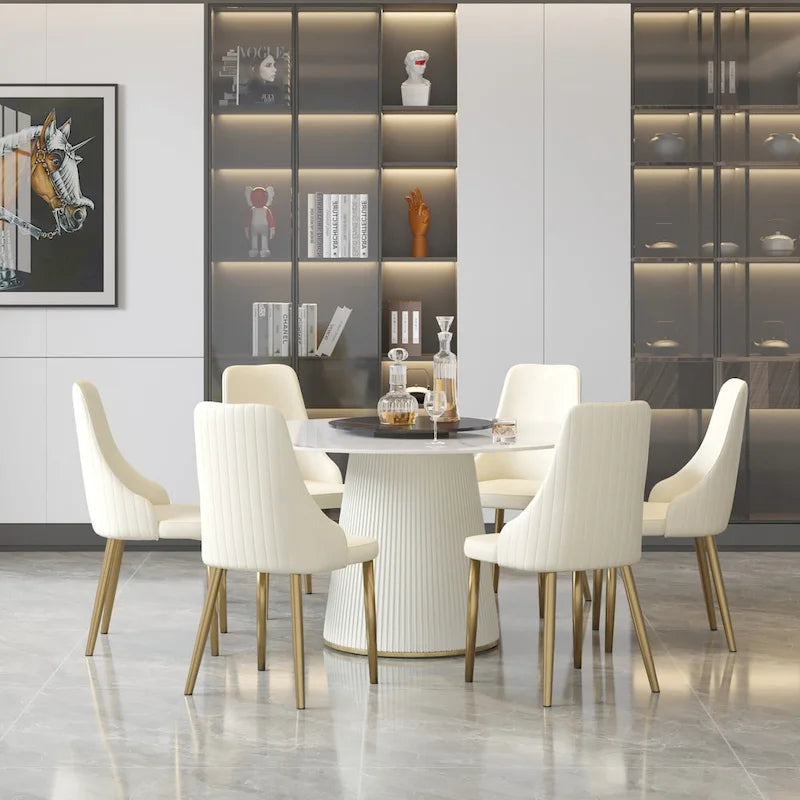 53 Round Dining Table for 6, Modern White Sintered Stone Tabletop with Lazy Susan - N/A