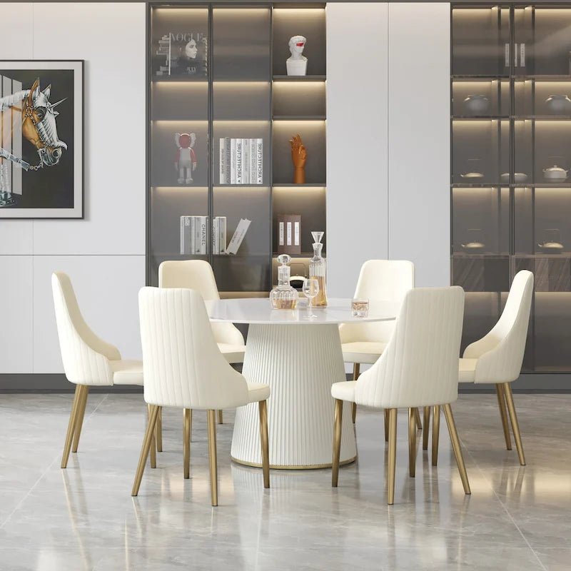 53 Round Dining Table for 6, Modern White Sintered Stone Tabletop with Lazy Susan - N/A