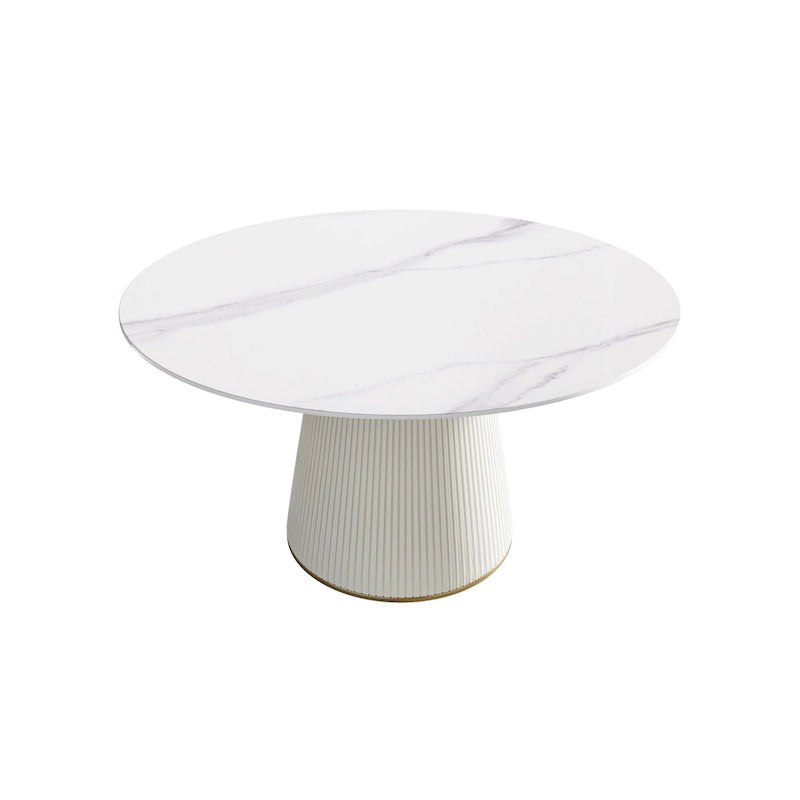 53 Round Dining Table for 6, Modern White Sintered Stone Tabletop with Lazy Susan - N/A