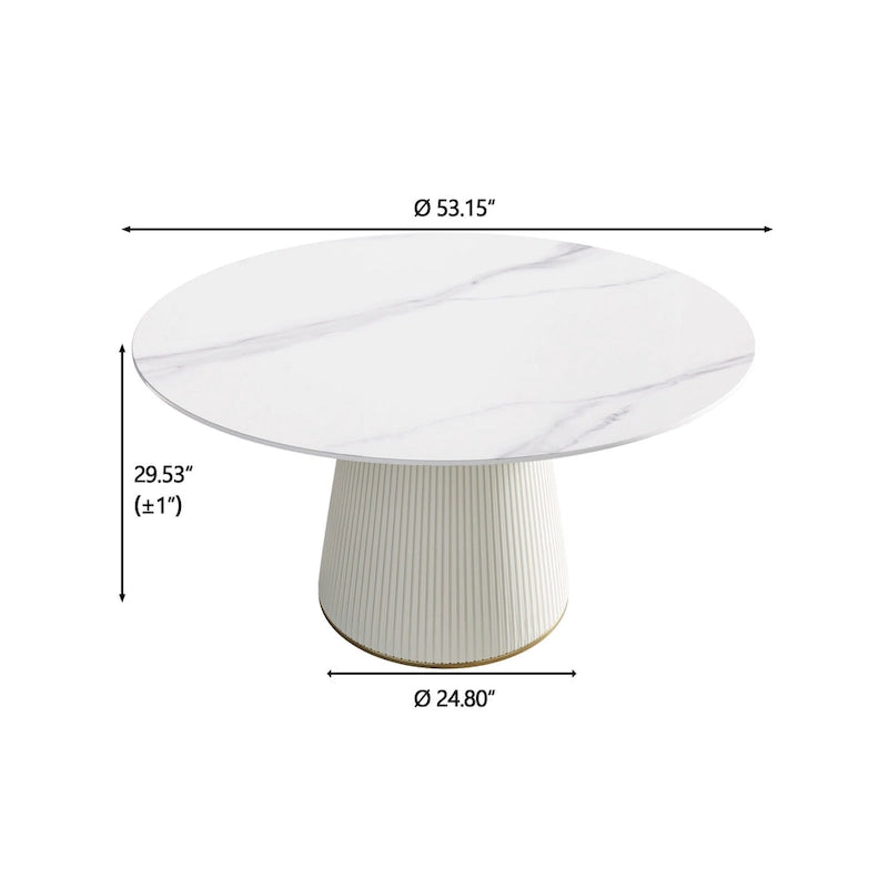 53 Round Dining Table for 6, Modern White Sintered Stone Tabletop with Lazy Susan - N/A
