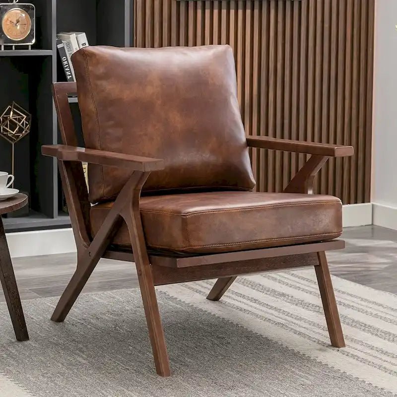 Upholstered Leather Accent Armhair with Solid Wood Frame and Removable Cushions