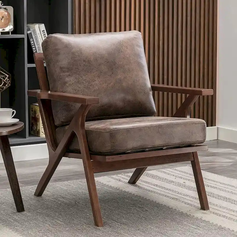 Fauteuil d'appoint en cuir rembourré avec cadre en bois massif et coussins amovibles