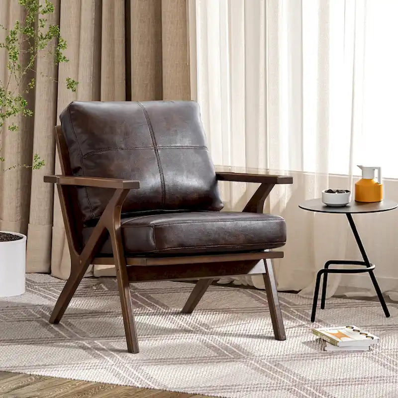 Fauteuil d'appoint en cuir rembourré avec cadre en bois massif et coussins amovibles