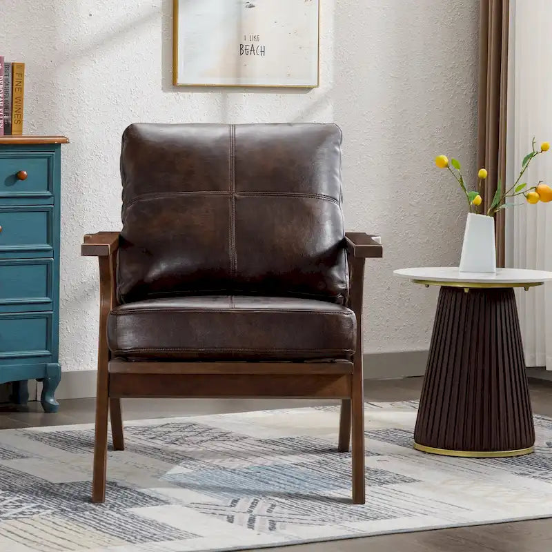 Upholstered Leather Accent Armhair with Solid Wood Frame and Removable Cushions