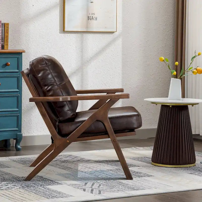 Upholstered Leather Accent Armhair with Solid Wood Frame and Removable Cushions