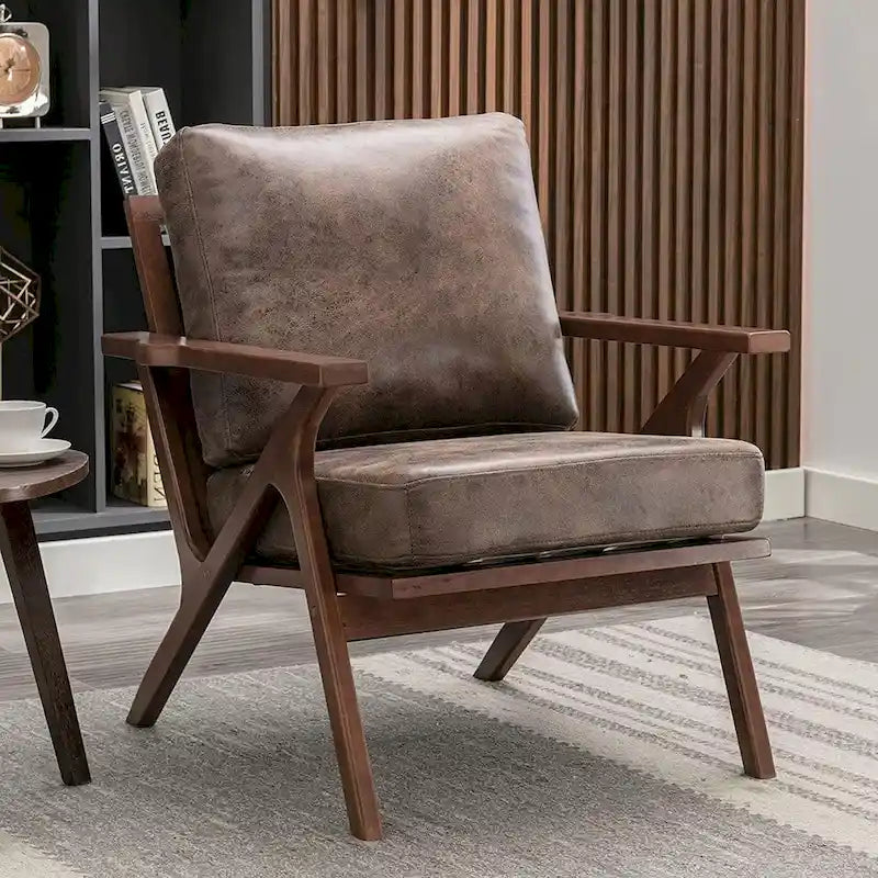 Upholstered Leather Accent Armhair with Solid Wood Frame and Removable Cushions