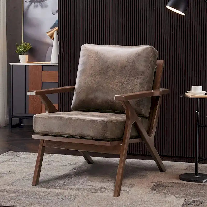 Upholstered Leather Accent Armhair with Solid Wood Frame and Removable Cushions