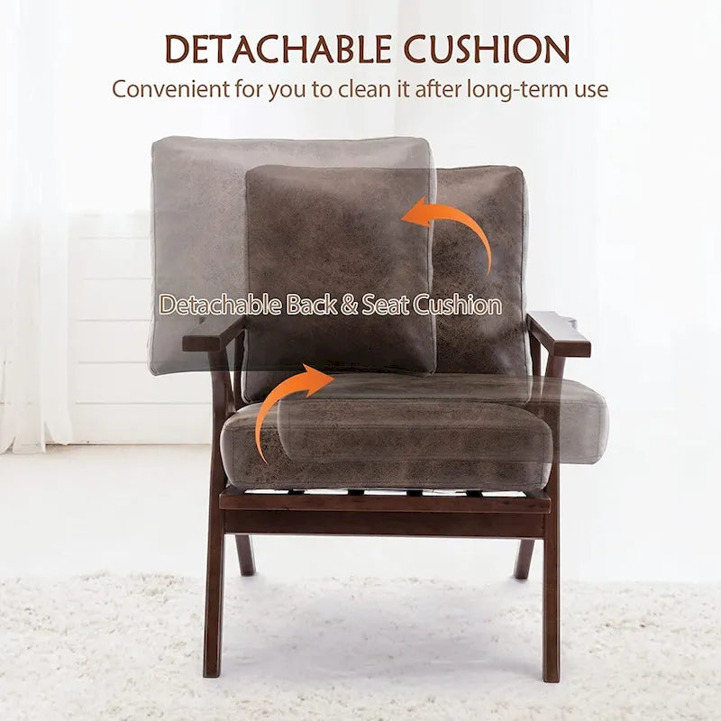 Upholstered Leather Accent Armhair with Solid Wood Frame and Removable Cushions