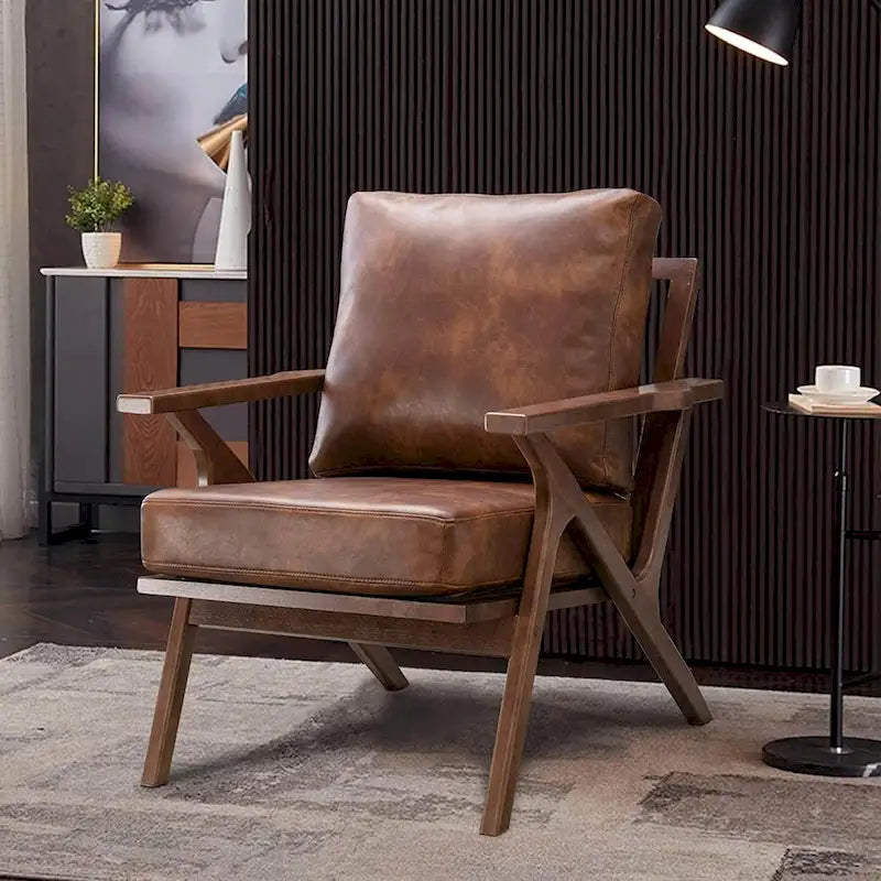 Upholstered Leather Accent Armhair with Solid Wood Frame and Removable Cushions
