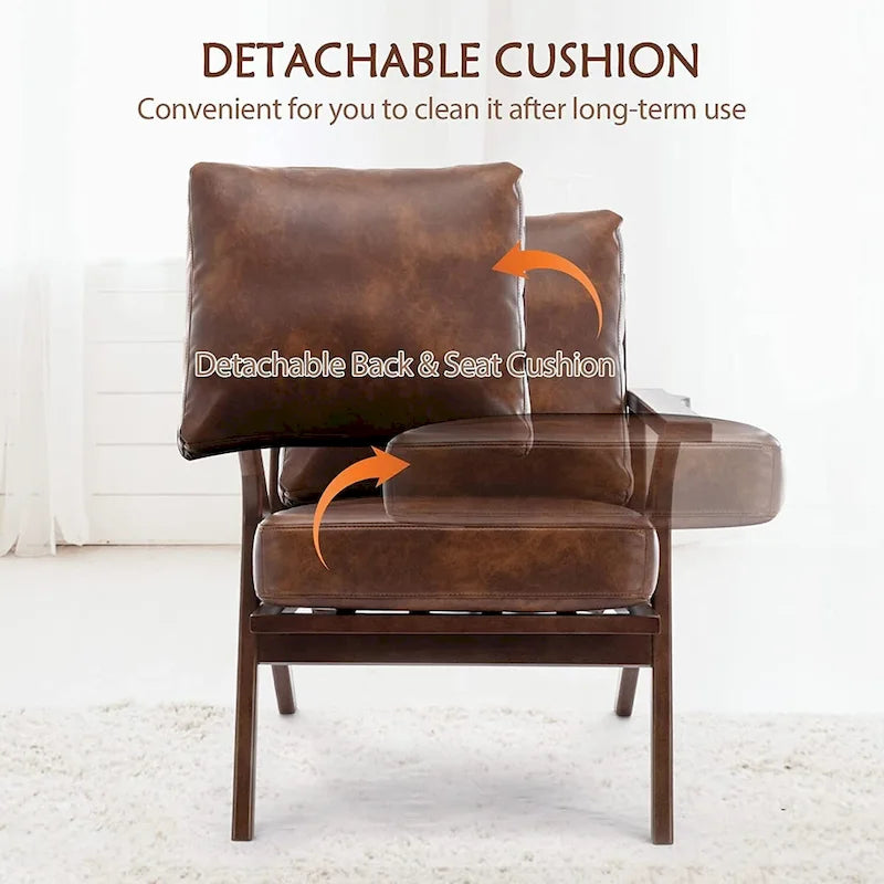 Upholstered Leather Accent Armhair with Solid Wood Frame and Removable Cushions