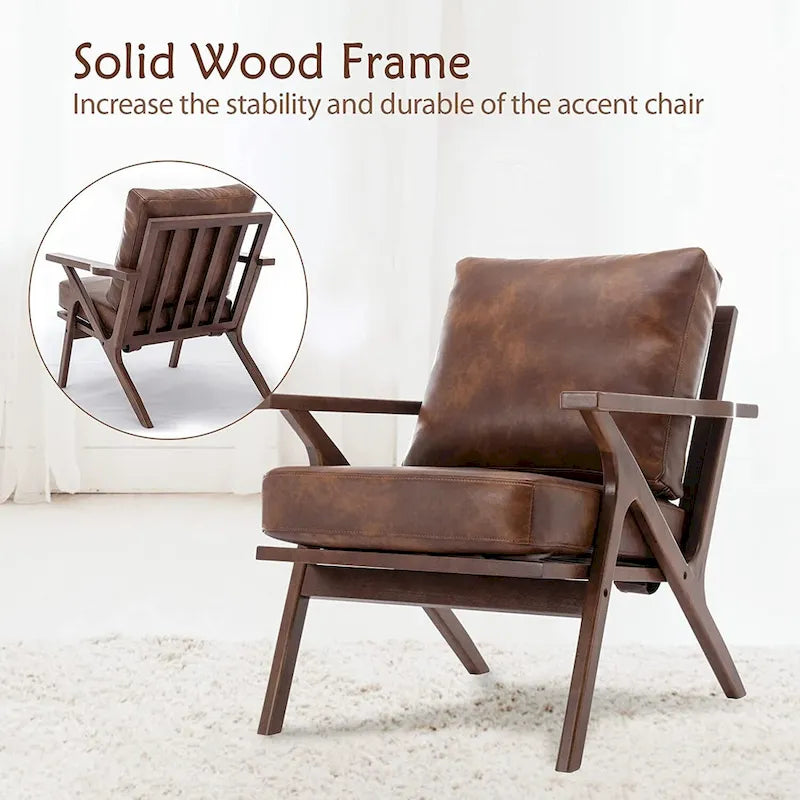 Upholstered Leather Accent Armhair with Solid Wood Frame and Removable Cushions