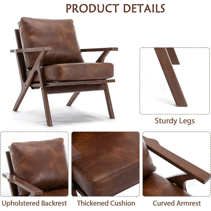 Upholstered Leather Accent Armhair with Solid Wood Frame and Removable Cushions
