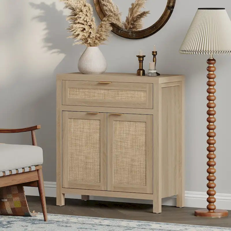 Farmhouse Rattan Sideboard Storage Cabinet with Drawer - N/A