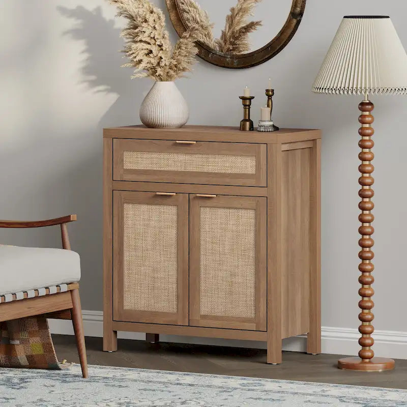 Farmhouse Rattan Sideboard Storage Cabinet with Drawer - N/A