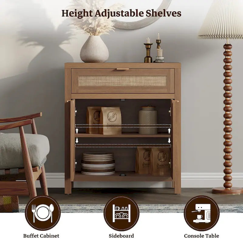 Farmhouse Rattan Sideboard Storage Cabinet with Drawer - N/A
