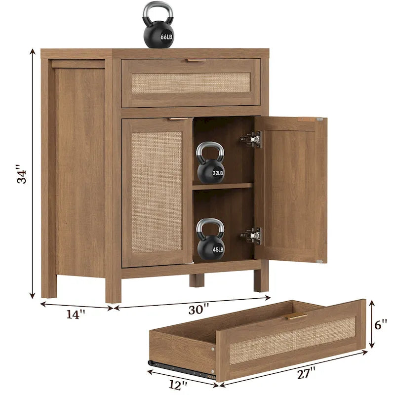 Farmhouse Rattan Sideboard Storage Cabinet with Drawer - N/A