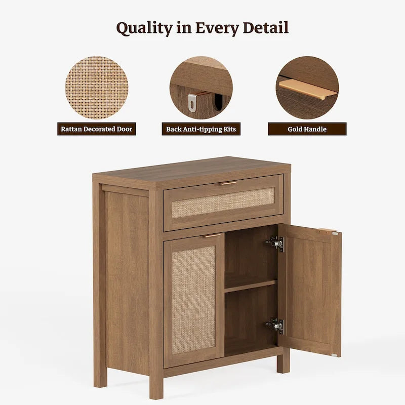 Farmhouse Rattan Sideboard Storage Cabinet with Drawer - N/A