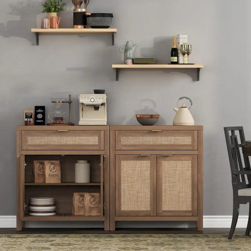 Farmhouse Rattan Sideboard Storage Cabinet with Drawer - N/A