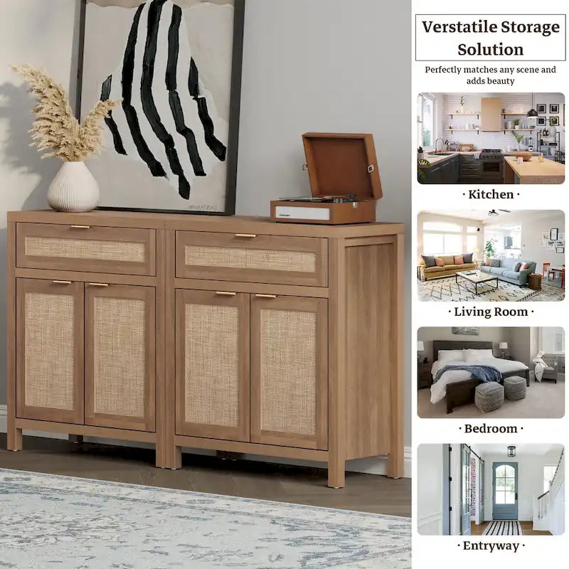 Farmhouse Rattan Sideboard Storage Cabinet with Drawer - N/A