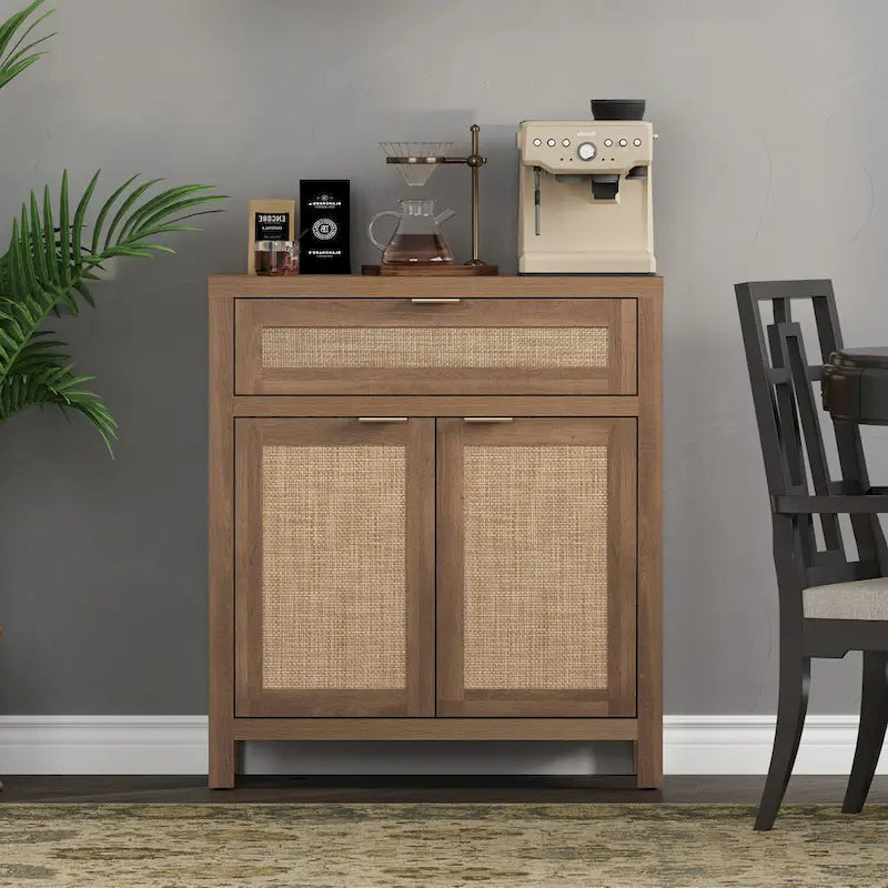 Farmhouse Rattan Sideboard Storage Cabinet with Drawer - N/A