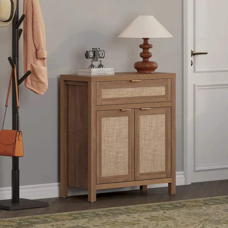 Farmhouse Rattan Sideboard Storage Cabinet with Drawer - N/A